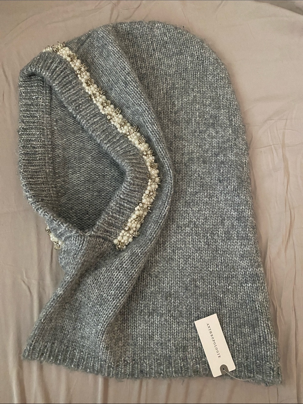 Anthropologie Grey Pearl-Trim Knit Hooded Cowl